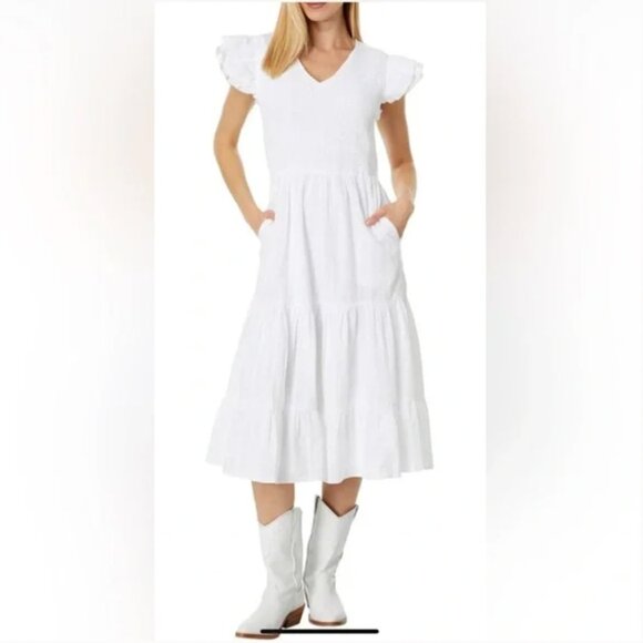 Vineyard Vines White Smocked Midi Tiered Dress 100% Cotton Ruffle Sleeve Sz XXL - Picture 3 of 8